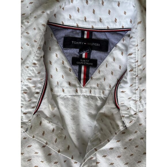 Men's TOMMY HILFIGER Shirt White Tan Print Button Up Long Sleeve Cotton Size S/P - Picture 6 of 7